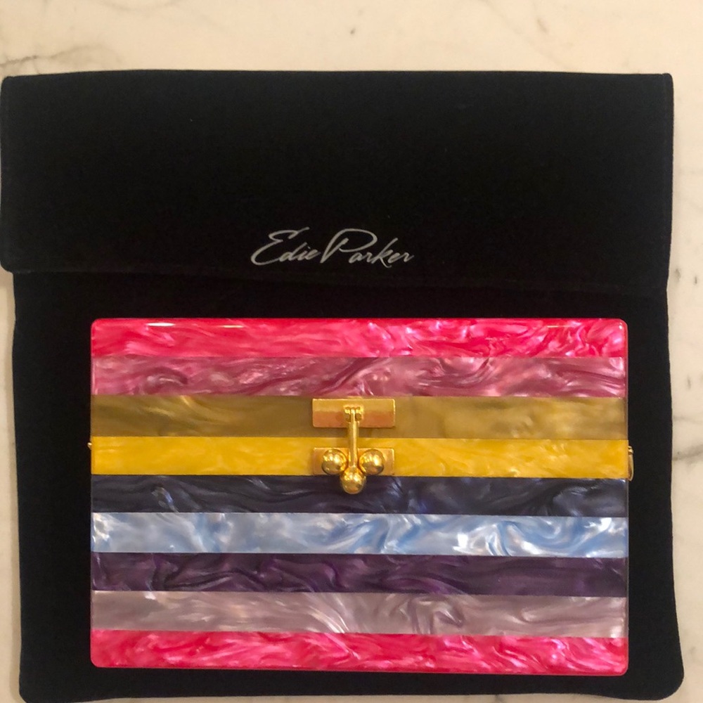 Authentic NWT, Edie Parker rainbow hard clutch w/strap